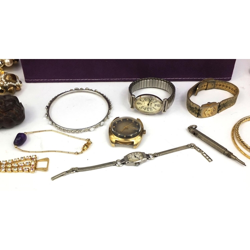 2708 - Vintage and later costume jewellery including marcasite brooches, simulated pearls, 9ct gold red and... 