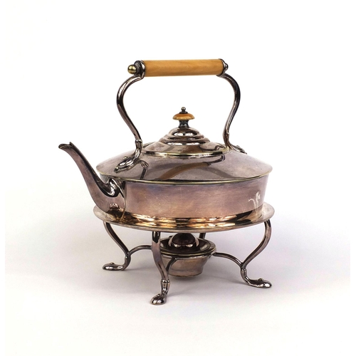 905 - Arts & Crafts silver plated teapot on stand with burner, ivory handle and knop, 22cm high