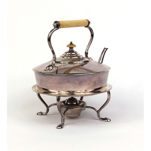 905 - Arts & Crafts silver plated teapot on stand with burner, ivory handle and knop, 22cm high