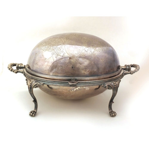 903 - Victorian silver plated dome breakfast dish with claw feet, 22cm high