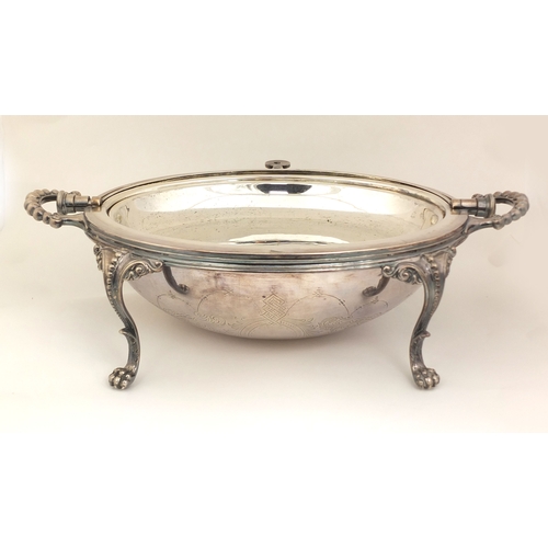 903 - Victorian silver plated dome breakfast dish with claw feet, 22cm high