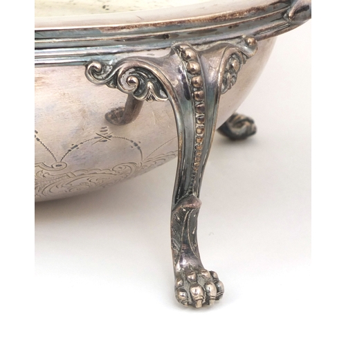 903 - Victorian silver plated dome breakfast dish with claw feet, 22cm high