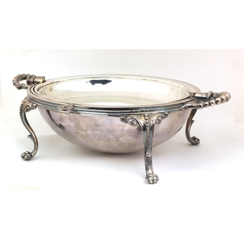 903 - Victorian silver plated dome breakfast dish with claw feet, 22cm high