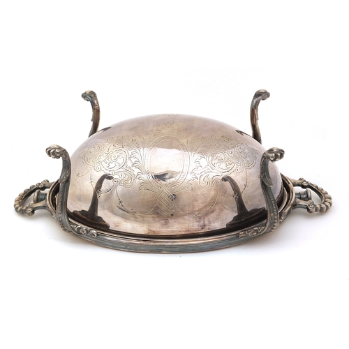 903 - Victorian silver plated dome breakfast dish with claw feet, 22cm high