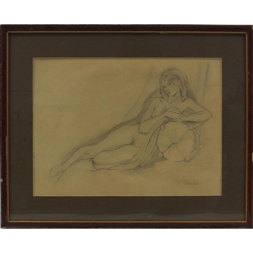 95 - Pencil drawing of a reclining nude lady, signed R Trevelyan, framed, 35cm x 25cm