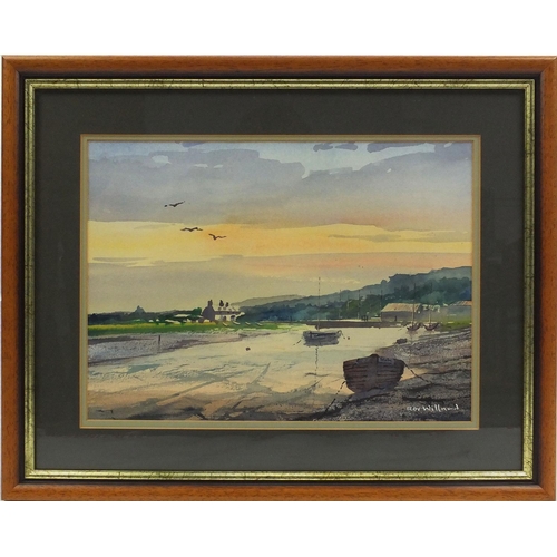 226 - Roy Willard - Watercolour, moored fishing boats beside a river, mounted and framed, 38cm x 28cm excl... 