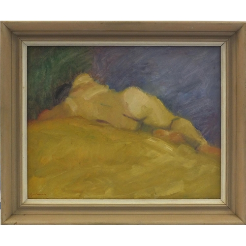 139 - Gwen Spencer - Oil onto board, 'Sleeping Figure', framed, 36cm x 28cm excluding the frame