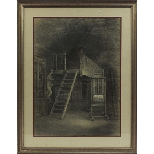 171 - Charcoal of a library with an artists easel, mounted and framed, 71cm x 52cm