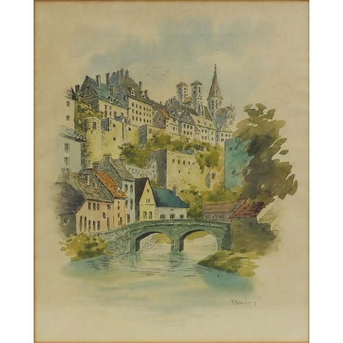 20 - **WITHDRAWN** Coloured print of a European town beside a bridge over a river, mounted and gilt frame... 