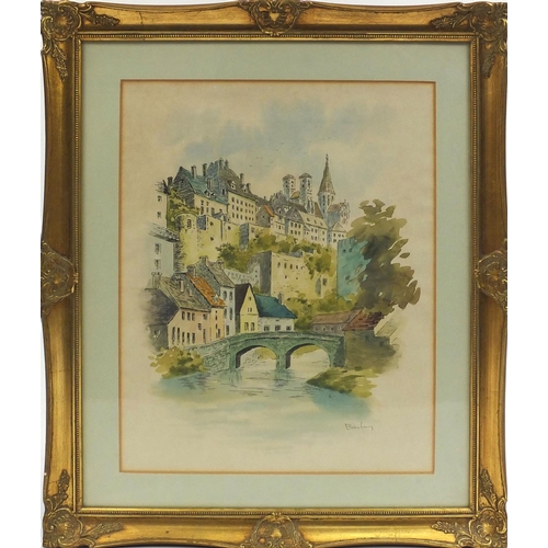 20 - **WITHDRAWN** Coloured print of a European town beside a bridge over a river, mounted and gilt frame... 