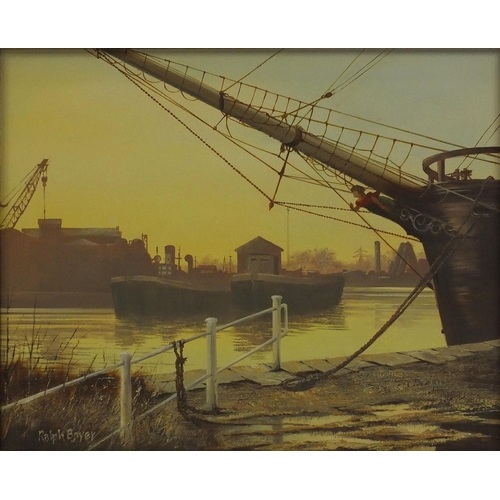 173 - Ralph Bower - Oil on canvas, boats moored in a dock, gilt framed, 54cm x 44cm excluding the frame