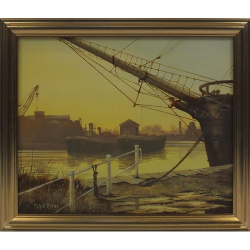 173 - Ralph Bower - Oil on canvas, boats moored in a dock, gilt framed, 54cm x 44cm excluding the frame