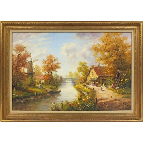 66 - Oil on canvas, Dutch riverside scene with a windmill, gilt framed, 89cm x 59cm excluding the frame