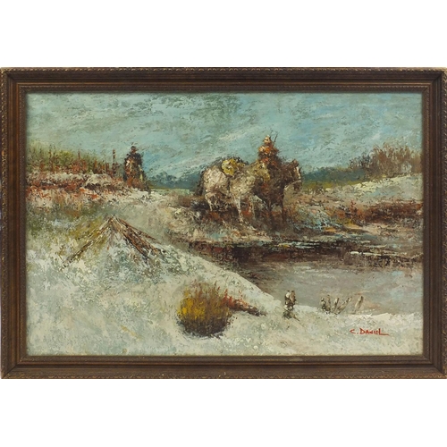 93 - C. Daniel signed impressionist style oil on canvas of men on horseback, framed, 90cm x60cm excluding... 