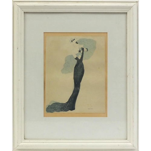 43 - Pencil and watercolour onto paper, lady in a flowing dress, mounted and framed, 27cm x 21cm excludin... 