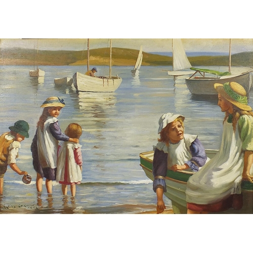 44 - St Ives school oil onto board study of children before the sea, gilt framed, 73cm x 48cm excluding t... 