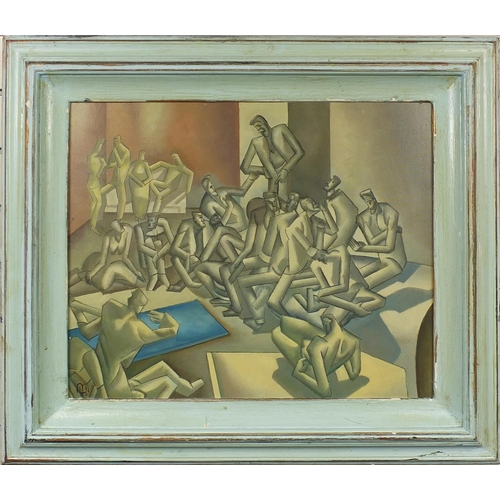 172 - Oil onto board abstract composition of figures, bearing a monogram, framed, 50cm x 60cm excluding th... 