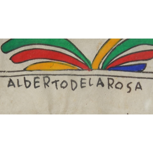 403 - Mexican watercolour onto bark, native figures, signed Alberto Delarosa, mounted and gilt framed, 60c... 