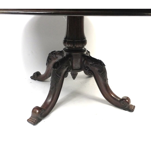 35 - Victorian circular mahogany dining table, with carved scroll feet, 77cm high x 149cm in diameter