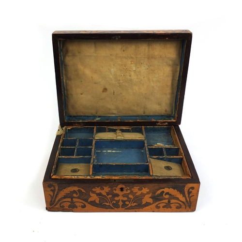 150A - Victorian rosewood sewing box, the hinged lid and front inlaid with flowers within stylised borders,... 