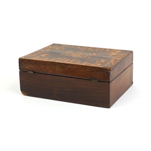 150A - Victorian rosewood sewing box, the hinged lid and front inlaid with flowers within stylised borders,... 