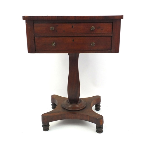 5 - Victorian mahogany two drawer work table with pedestal base, 71cm high x 53cm wide x 40cm deep