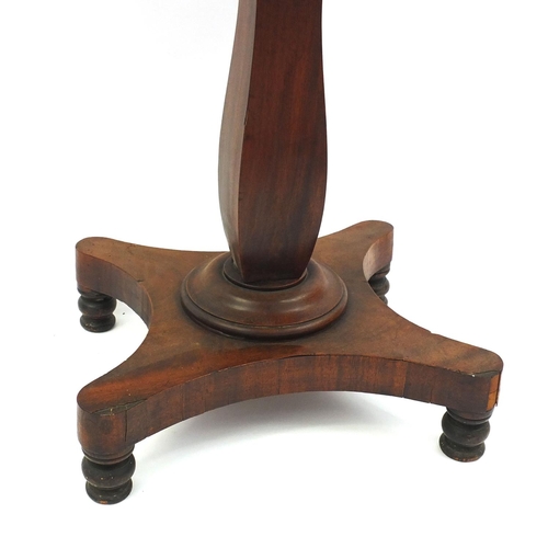 5 - Victorian mahogany two drawer work table with pedestal base, 71cm high x 53cm wide x 40cm deep