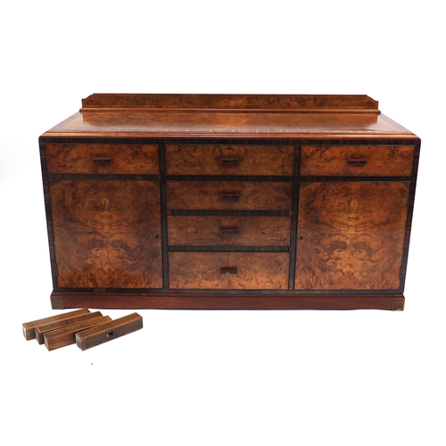 2045 - Art Deco burr walnut sideboard with padauk wood banding, fitted with an arrangement of drawers and c... 