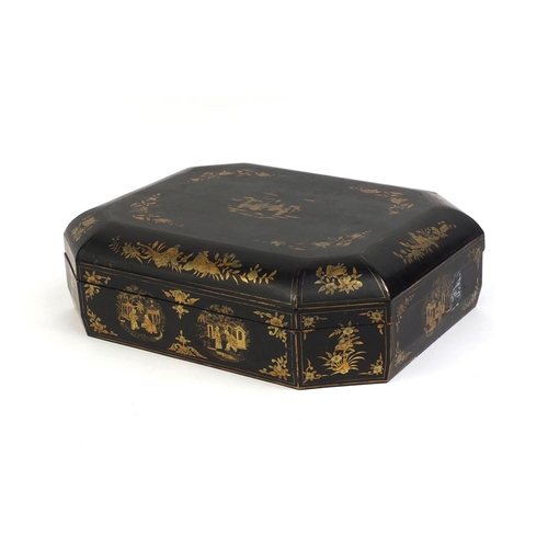 546 - Chinese lacquered box with canted corners, hand gilded with figures, flowers and foliage, 11.5cm hig... 