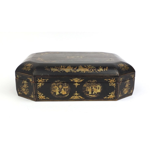 546 - Chinese lacquered box with canted corners, hand gilded with figures, flowers and foliage, 11.5cm hig... 