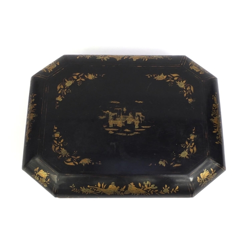 546 - Chinese lacquered box with canted corners, hand gilded with figures, flowers and foliage, 11.5cm hig... 