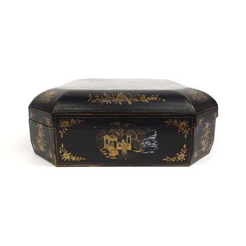 546 - Chinese lacquered box with canted corners, hand gilded with figures, flowers and foliage, 11.5cm hig... 