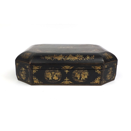 546 - Chinese lacquered box with canted corners, hand gilded with figures, flowers and foliage, 11.5cm hig... 