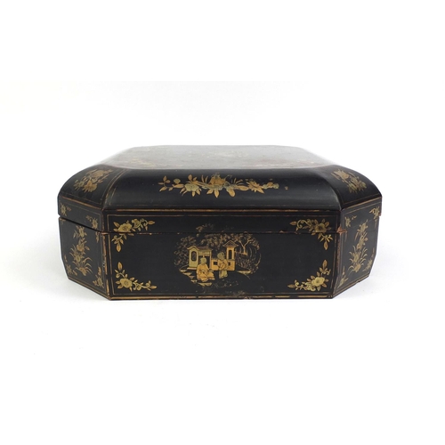 546 - Chinese lacquered box with canted corners, hand gilded with figures, flowers and foliage, 11.5cm hig... 