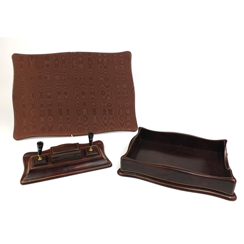 37 - Asprey of London three piece tooled leather desk set comprising pen stand, writing pad and tray, eac... 