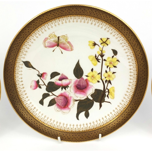 697 - Set of six Victorian Royal Worcester porcelain plates each hand painted and gilded with flowers and ... 