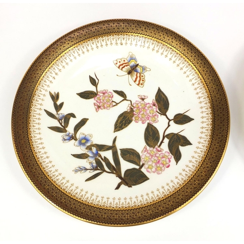 697 - Set of six Victorian Royal Worcester porcelain plates each hand painted and gilded with flowers and ... 