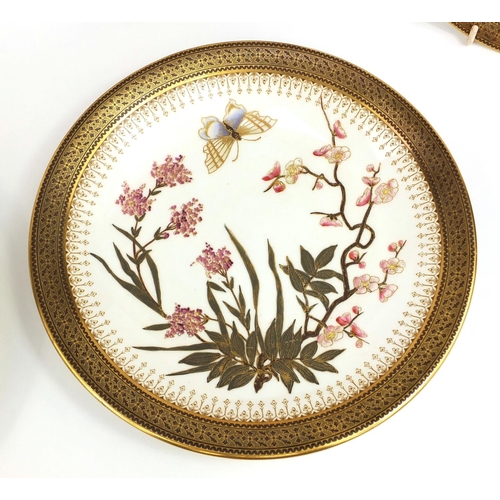 697 - Set of six Victorian Royal Worcester porcelain plates each hand painted and gilded with flowers and ... 