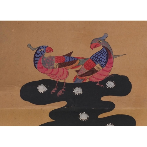 568 - Six Sino Korean hand painted stylised letters, taken from a panel including examples of birds and fi... 