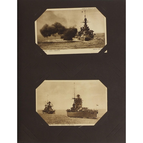 205 - Postcard album including Military, shipping and topographical examples, ones titled Infantry firing ... 