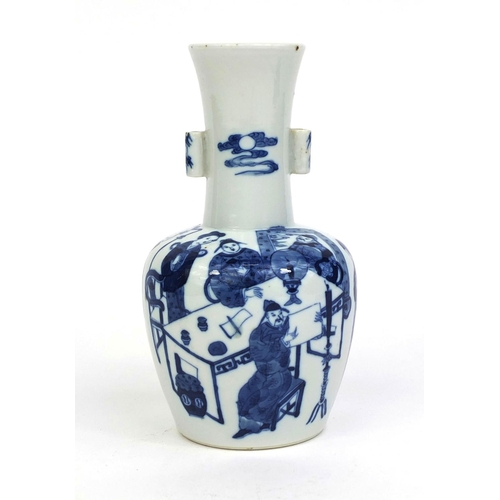 438 - Chinese blue and white porcelain twin handled vase, hand painted with various figures, 18.5cm high