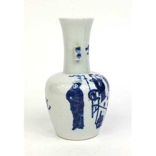 438 - Chinese blue and white porcelain twin handled vase, hand painted with various figures, 18.5cm high