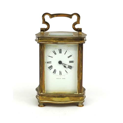 1101 - French brass cased carriage clock with bevelled glass, enamelled dial and Roman Numerals, 11.5cm hig... 