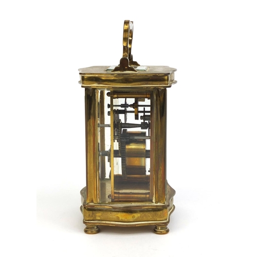 1101 - French brass cased carriage clock with bevelled glass, enamelled dial and Roman Numerals, 11.5cm hig... 