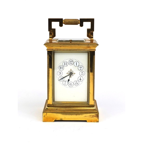 1096 - Henri Jacot of Paris brass cased repeating carriage clock, with bevelled glass, enamelled dial and A... 