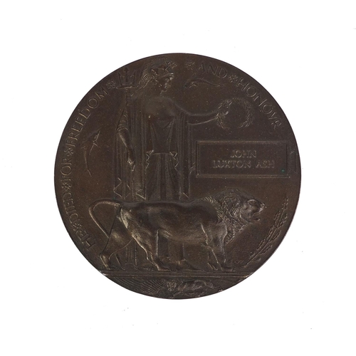 361 - British Military World War I Death Penny awarded to John Luxton Ash, mounted and framed, 12cm in dia... 