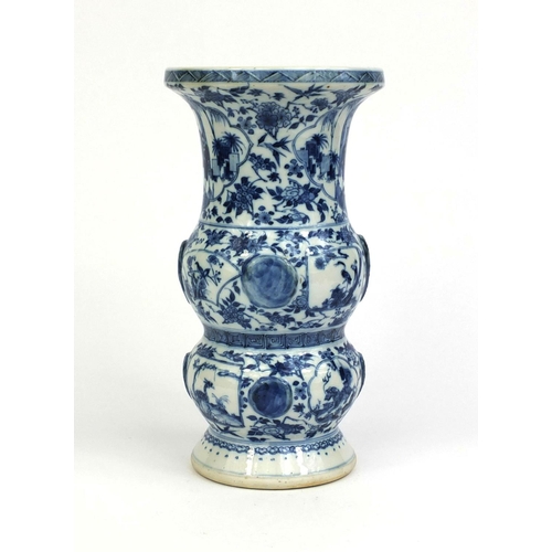 433 - Chinese blue and white porcelain, vase hand painted with panels of figures, birds and animals, six f... 