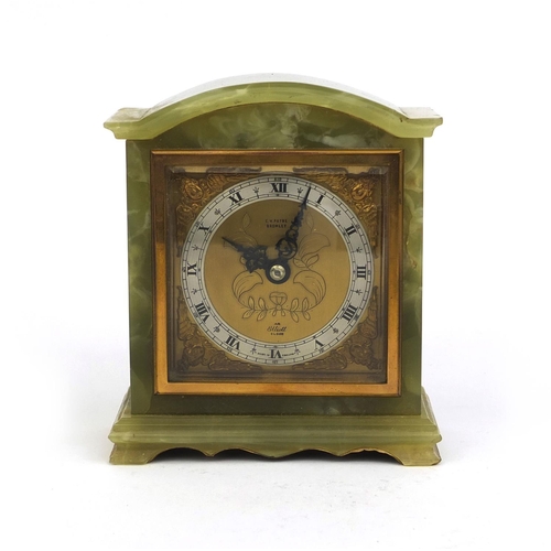 1105 - E W Payne of Bromley green onyx Elliot mantle clock with silvered dial and Roman numerals, 16.5cm hi... 