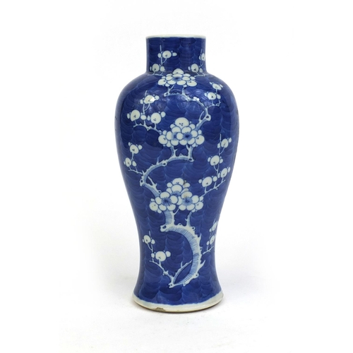 451 - Chinese blue and white porcelain baluster vase, hand painted with Prunus flowers, blue ring marks to... 