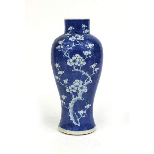 451 - Chinese blue and white porcelain baluster vase, hand painted with Prunus flowers, blue ring marks to... 